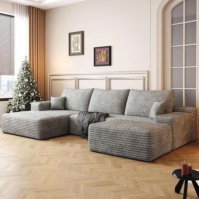 108" Sectional Couches for Living Room Modern Modular Sofa with L-Shape Couchs Upholstered Boneless Couch Deep Seat Sectional Couch with Chaise (Grey, Left Facing Chaise+2Seaters+1Ottoman)-CasaMuseHome