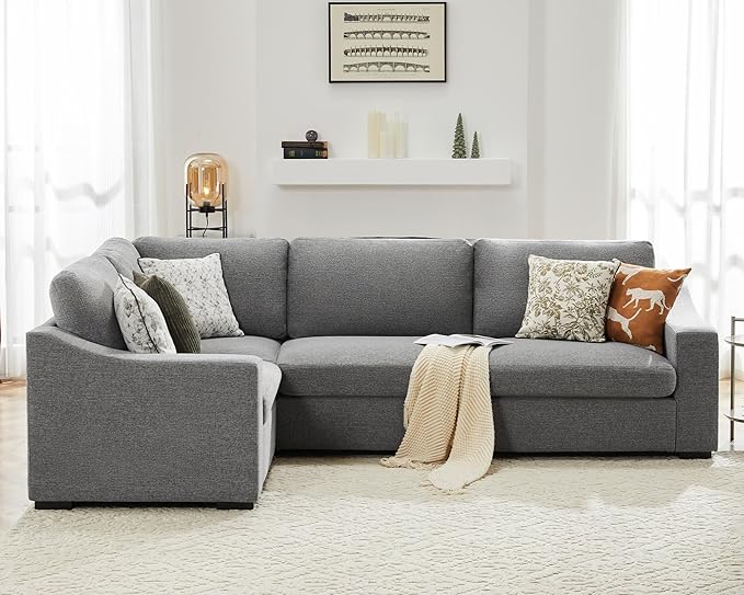 112" Convertible Sectional Sofa, Large L Shaped Couch with Detachable Sofa Cover, Modular Couch for Living Room, Breathable Linen Fabric Corner Sofa for Apartment, Grey-CasaMuseHome