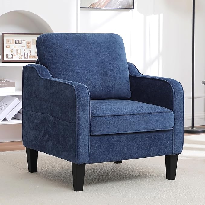 Accent Chairs Set of 2, Upholstered Living Room Chairs with Side Pockets, Mid Century Modern Reading Chair for Bedroom, Comfy Armchair Single Sofa Side Chair for Office, Small Room, Blue-CasaMuseHome