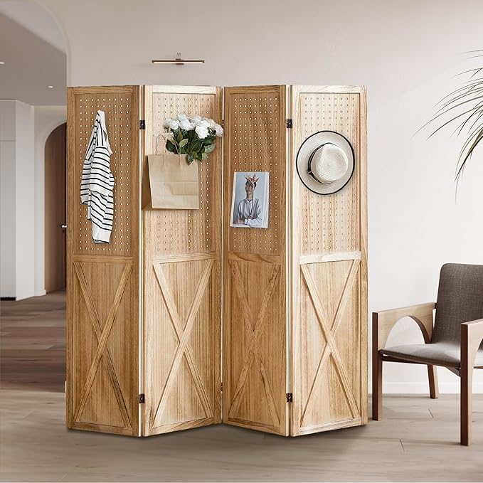 4 Panel Pegboard Wood Room Divider, 5.6Ft Pegboard Display Folding Privacy Screens, Peg Board Display Freestanding for Trade Show Craft Show Home Wall Organizer, Light Brown-CasaMuseHome