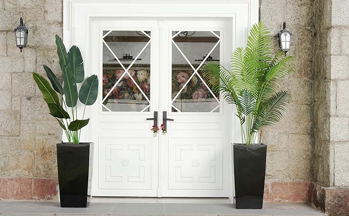 30" Tall Planters Set of 2, Outdoor&Indoor Black Planter Pots, High Front Porch Planter Pots with Drainage Holes&Water Level Monitor Movable Wheels &Inner Bucket, Automatic Watering,Black-CasaMuseHome