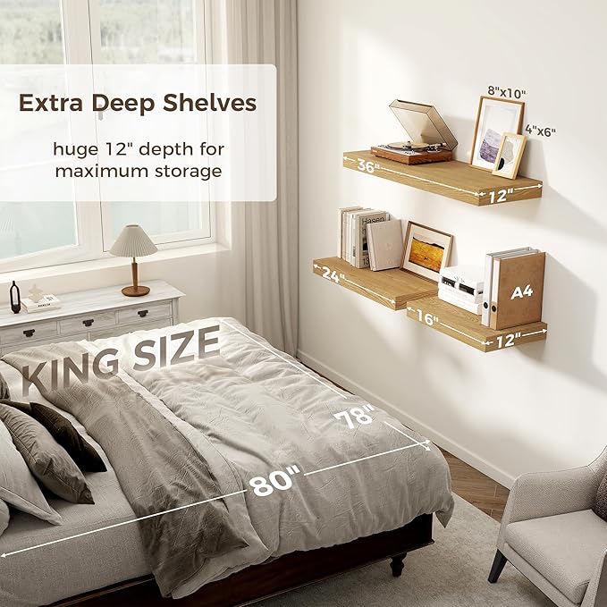 12 Inch Deep Floating Shelves, 24 x 12 Floating Shelf for Books, Rustic Wood Deep Wall Shelves for Home Storage & Display, 2" Thicked Shelves for Kitchen, Living Room, Bedroom, Oak Color, 2 Pack-CasaMuseHome