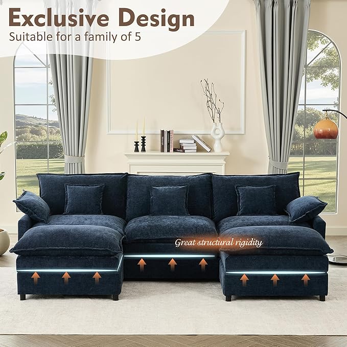 108" U Shaped Couch, Modular Sectional Sofa, 3-Seater Comfy Cloud Couch with Movable Ottoman, Deep Seat Couches for Living Room, Chenille, Navy-CasaMuseHome