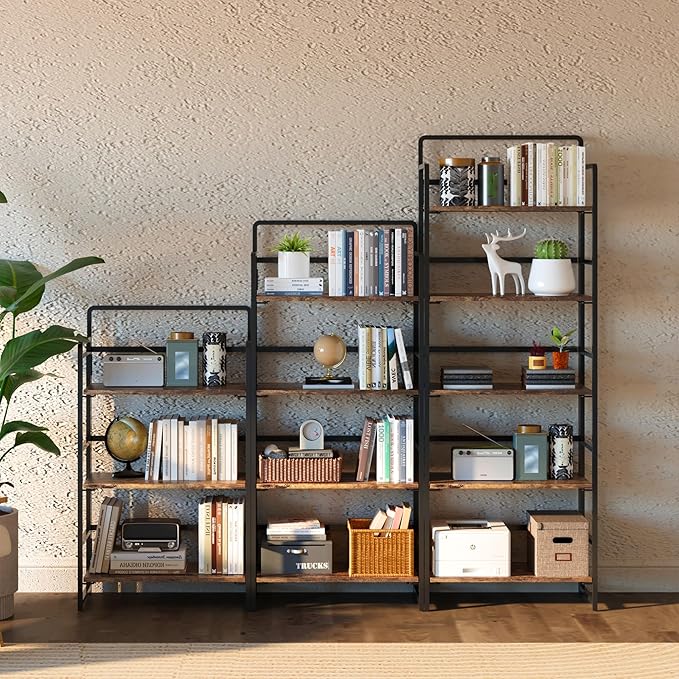 4NM No Assembly Foldable Bookshelf, 4-Shelf Collapsible Bookcase Storage for Small Spaces, 54" H, Rustic Brown and Black-CasaMuseHome