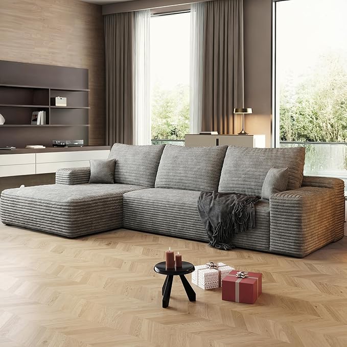 108" Sectional Couches for Living Room Modern Modular Sofa with L-Shape Couchs Upholstered Boneless Couch Deep Seat Sectional Couch with Chaise (Grey, Left Facing Chaise+2Seaters)-CasaMuseHome