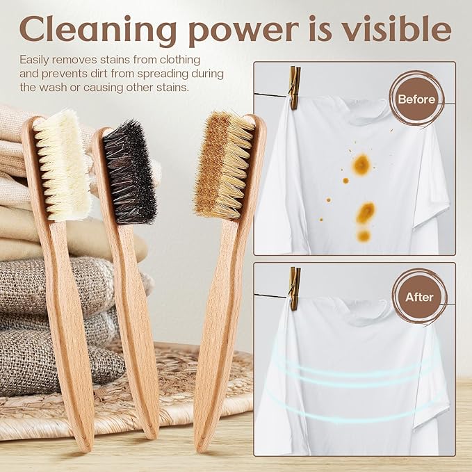 3 Pcs Wood Laundry Stain Brush Stain Remover Brushes with Boar Bristle Small Stain Brush for Clothes for Scrubbing Stains from Furniture Fabric Leather(3 Pcs C)-CasaMuseHome