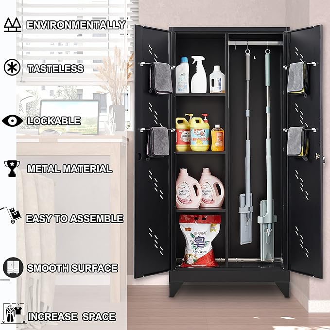 71" Broom Closet Cabinet with Hanging Rod, Tall Black Metal Storage Cabinet for Bathroom, Utility Room, and Garage-CasaMuseHome