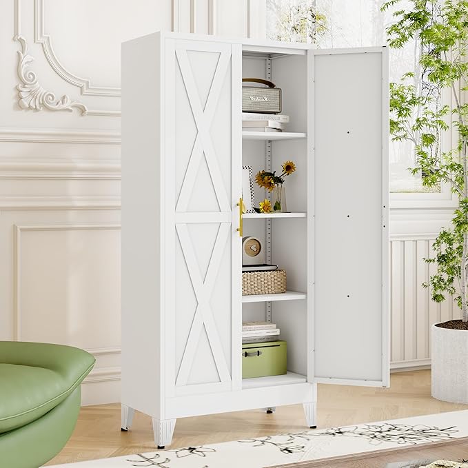 61" H Metal Kitchen Pantry Storage Cabinet, Freestanding Cupboard with 2 Doors and 3 Adjustable Shelves, Standing Storage for Kitchen, Bathroom, Garage, Dinning Room or Utility Room(White)-CasaMuseHome