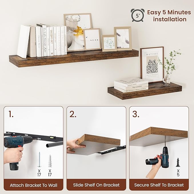 12" Deep Floating Shelves for Wall 24 Inches Long, Heavy Duty Wall Shelves for Bedroom Bathroom Kitchen Laundry Room, Farmhouse Rustic Shelves for Home Decor, 24" X 12" X 2" Set Of 2, Rustic Brown-CasaMuseHome