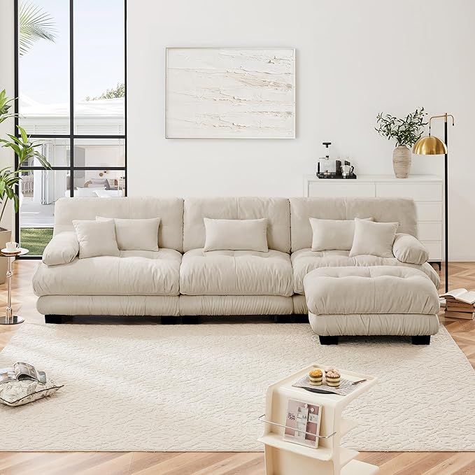 L Shaped Couch Sectional Couch, 3-Seater Cloud Couch Sectional Oversized Couch, Sofa Bed Couch with Round Bolster Armrests 5 Pillows, Modular Couch Home Sofa Living Room Couch-CasaMuseHome
