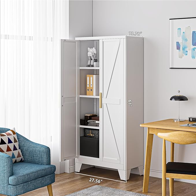 61" Tall Farmhouse Metal Pantry Cabinet, Kitchen Pantry Storage Cabinets with 2 Barn Door and Adjustable Shelves,Metal Pantry Storage Cabinet,for Kitchen,Laundry Room,Home Office,Kids Room (White)-CasaMuseHome