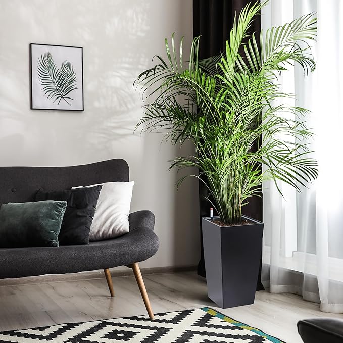 16" Tall Planters Set of 2, Outdoor&Indoor Black Planter Pots, High Front Porch Planter Pots with Drainage Holes&Water Level Monitor&Inner Bucket, Automatic Watering,Black-CasaMuseHome