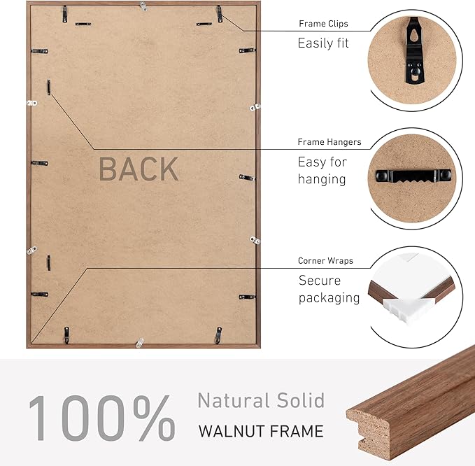24x36 Poster Frame Natural Solid Walnut Photo Frames with 20x30 Removable Mat Wall Hanging Large Handcrafted Frame with HD Plexiglass Wall and Tabletop Display Large Picture Frame-CasaMuseHome