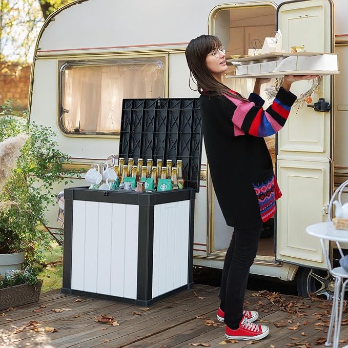 50 Gallon Deck Box Large Outdoor Storage for Patio Furniture,Outdoor Cushions,Garden Tools and Pool Supplies,Waterproof,Resin,Lockable(Black&White)-CasaMuseHome