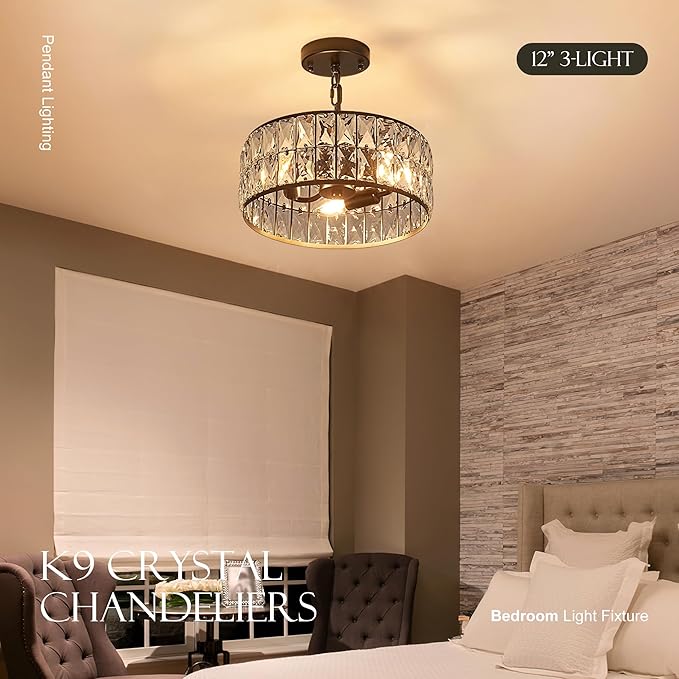 12” 3-Light Modern Crystal Chandeliers Black Dinning Room Light Fixture, Round Pendant Light Kitchen Island Chandelier, Flush Mount Ceiling Light for Living Room Entryway Bedroom Foyer-CasaMuseHome