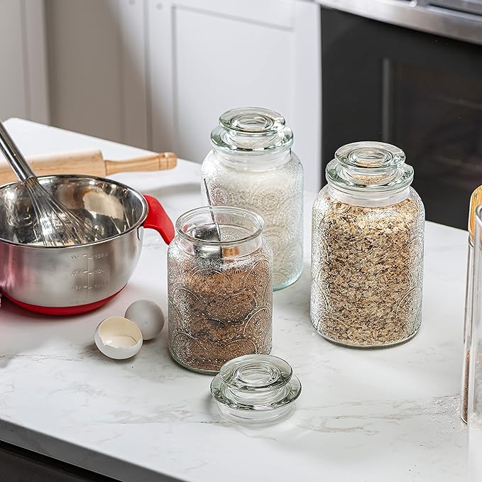 Le'raze Food Storage Containers with Airtight Lids - Retro Design - Pantry Organization, Glass Canisters Storage for Cookies, Tea, Sugar, Candy Jars, Sugar Packet, Set of 3-CasaMuseHome