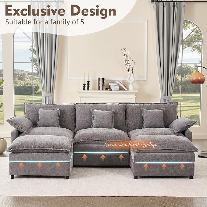 108" U Shaped Couch, Modular Sectional Sofa, 3-Seater Comfy Cloud Couch with Movable Ottoman, Deep Seat Couches for Living Room, Chenille, Slate-CasaMuseHome