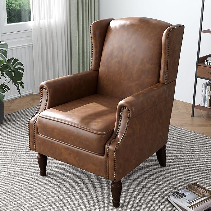 Accent Chair, Faux Leather High Back Armchair or Living Room, Comfy Upholstered Single Sofa Reading Chair with Solid Wood Legs for Office, Bedroom, Waiting Room-Brown-CasaMuseHome
