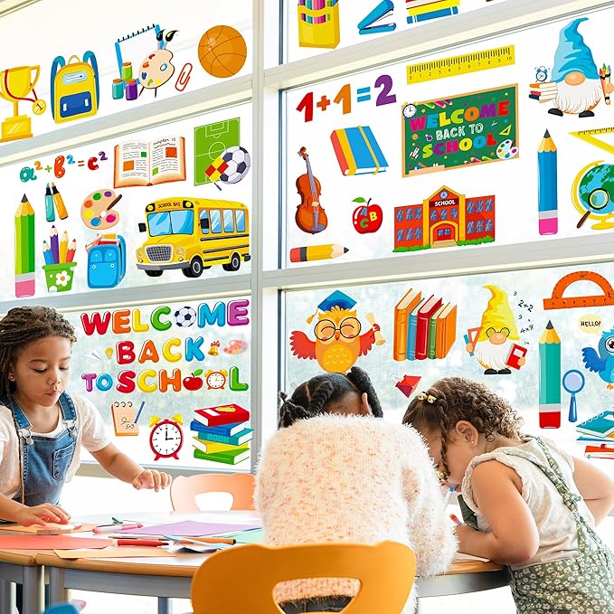 9 Sheets Back to School Window Clings, Double-Sided Window Clings for Classroom, Bus Apple Pencil First Day of School Book Window Stickers for First Day of School Decorations Supplies Decor-CasaMuseHome