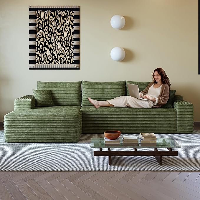 108" Sectional Couches for Living Room Modern Modular Sofa with L-Shape Couchs Upholstered Boneless Couch Deep Seat Sectional Couch with Chaise (Green, Left Facing Chaise+2Seaters)-CasaMuseHome