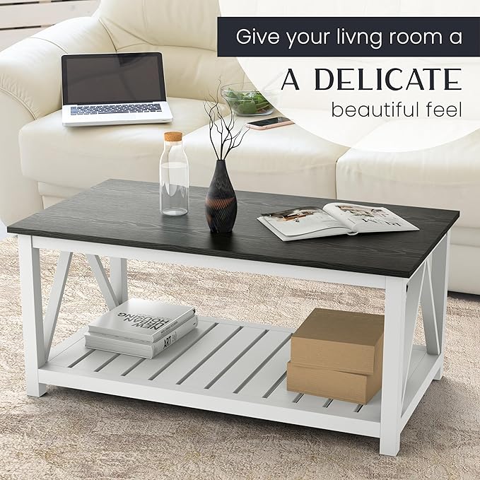 40" Farmhouse Coffee Table | Vintage Rustic Wooden Coffee Table with Lower Shelf for Living Room, Dorm, Office, Bedroom Center Table - Black-CasaMuseHome