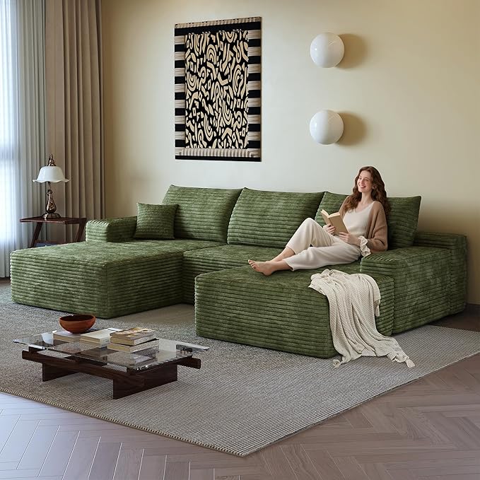 108" Sectional Couches for Living Room Modern Modular Sofa with L-Shape Couchs Upholstered Boneless Couch Deep Seat Sectional Couch with Chaise (Green, Left Facing Chaise+2Seaters+1Ottoman)-CasaMuseHome