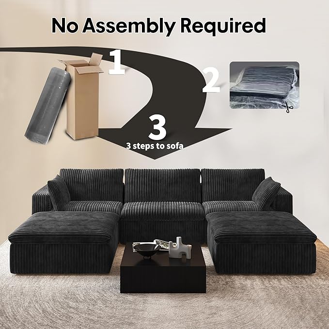 118" U Shaped Modern Sofa Modular Sectional Cloud Couch with 2 Ottoman,Upholstered Couches with Plush Corduroy Fabric for Living Room Furniture,Bedroom and Apartment,No Assembly Required,Black-CasaMuseHome
