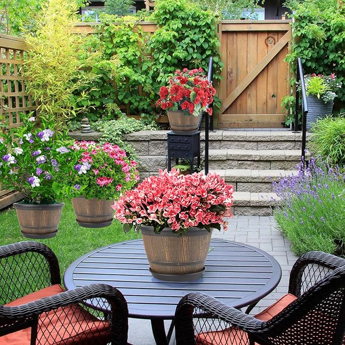 10-inch-Plant-Pots-Indoor-Outdoor, 4 Pack Whiskey Barrel Planters with Drainage Holes & Saucer, Plastic Flower Pots Imitation Wine Barrel Design, Decorative Garden Pots for Plants-CasaMuseHome