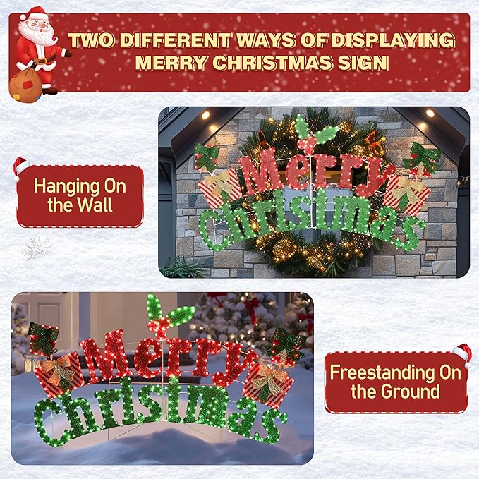 6FT Merry Christmas Sign for Decoration, 2-in-1 Pre-Lit Holiday Greeting Sign Decor with 456 LED Lights, Freestanding or Hanging Glittered Holiday Display for Outdoor, Indoor-CasaMuseHome