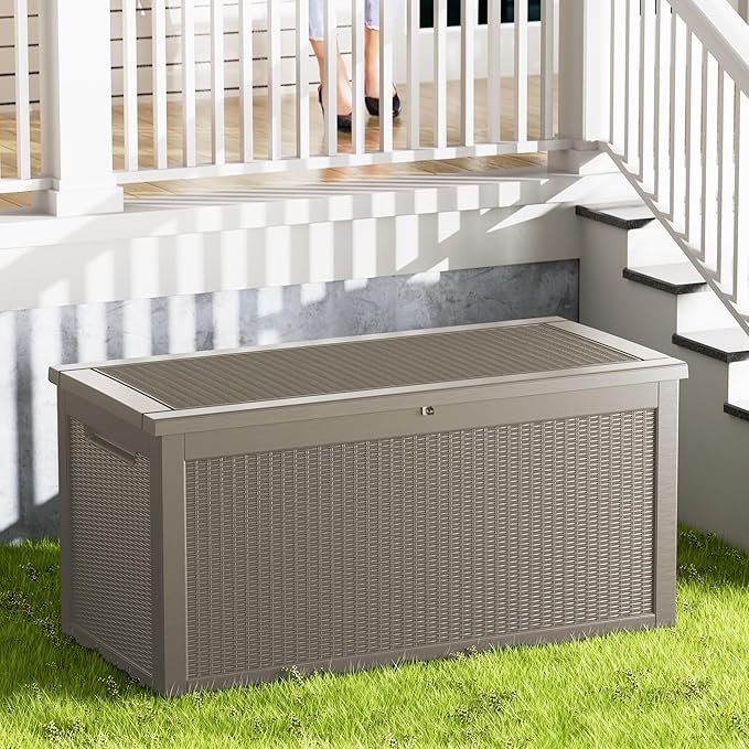 320 Gallon Outdoor Storage Box Waterproof Lockable Resin Deck Box Large, Patio Storage Bin for Pool Accessories Cushion Furniture, Garden Tools, UV-Resistant Outside Delivery Grey-CasaMuseHome