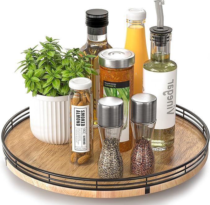 13" Lazy Susan Oak Wood Turntable Organizer for Cabinet, Farmhouse Round Wooden Lazy Susan Organization and Storage for Dining Table, Pantry, Kitchen, Bathroom, Countertop, Cupboard, Home Decor-CasaMuseHome