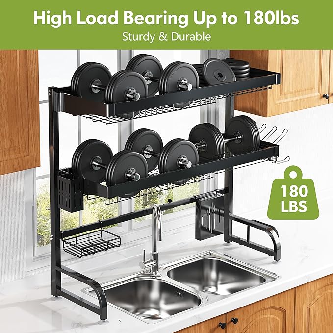3 Tier Extra Large Stainless Steel Expandable Over The Sink Dish Drainer Drying Rack, Rust Proof Metal, Space Saving, Modern Black Big Capacity Extendable Plate Strainers Above Kitchen Counter-CasaMuseHome