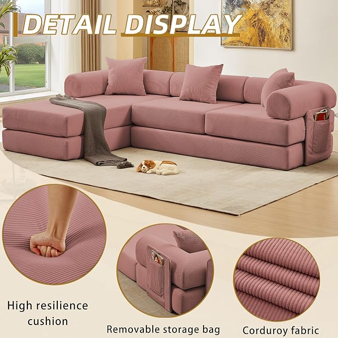 107" Oversized Convertible Sleeper Sofa Bed, Corduroy L Shape Sectional Couch, Folding Sofa Bed with Side Pocket, Modern Cloud Floor Mattress Couch, Modular Sofa for Living Room, Pink-CasaMuseHome