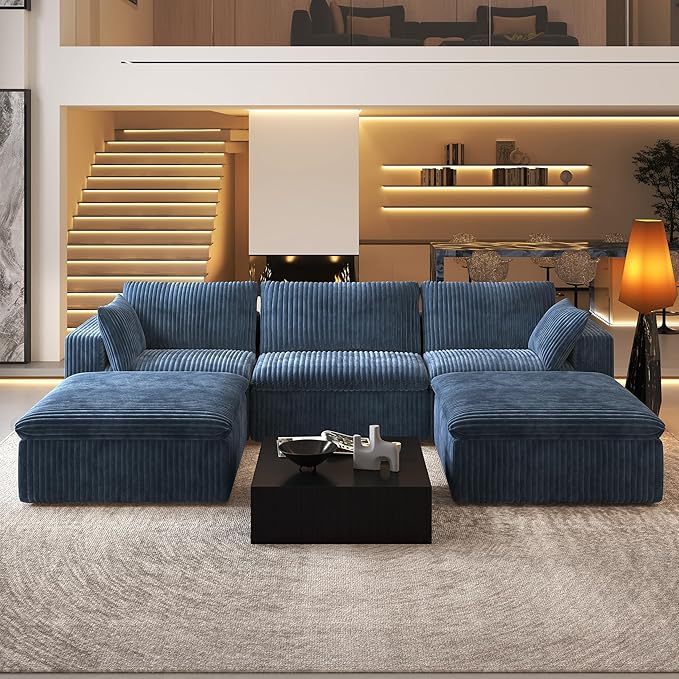 118" U Shaped Modern Sofa Modular Sectional Cloud Couch with 2 Ottoman,Upholstered Couches with Plush Corduroy Fabric for Living Room Furniture,Bedroom and Apartment,No Assembly Required,Blue-CasaMuseHome