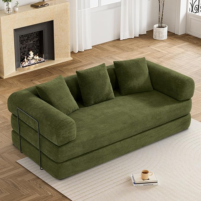 80.3" Convertible Sleeper Sofa Bed with Cylindrical Pillow, Corduroy Folding Mattress Couch with Fixed-Shape Frame, Modular Floor Sofa Lounge Couch for Living Room Bedroom Lounge, Green-CasaMuseHome