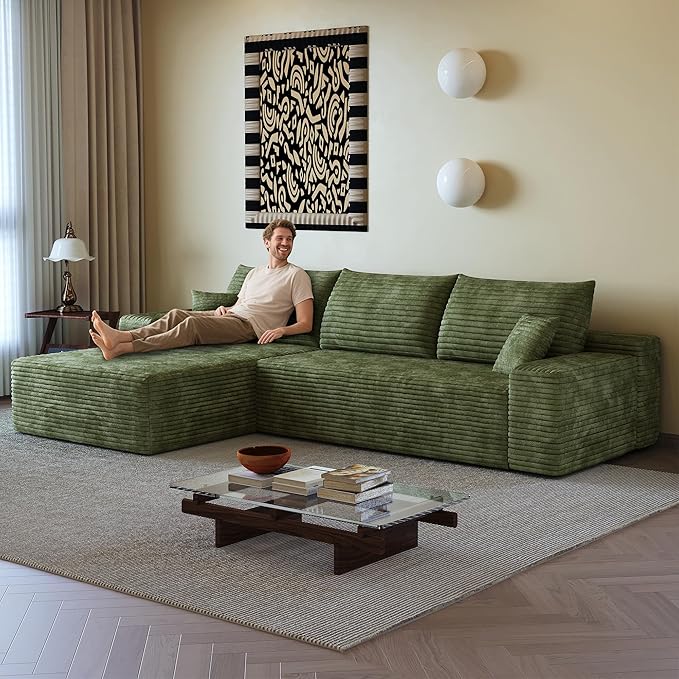 108" Sectional Couches for Living Room Modern Modular Sofa with L-Shape Couchs Upholstered Boneless Couch Deep Seat Sectional Couch with Chaise (Green, Left Facing Chaise+2Seaters)-CasaMuseHome