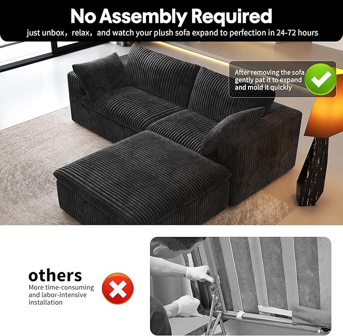 78.74" L Shaped Modern Sofa Modular Sectional Cloud Couch with Ottoman,Upholstered Couches with Plush Corduroy Fabric for Living Room Furniture,Bedroom and Apartment,No Assembly Required,Black-CasaMuseHome
