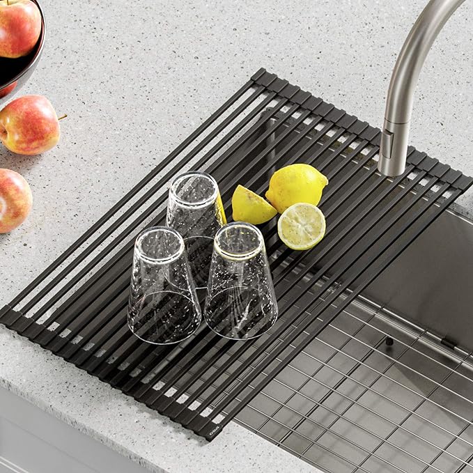 Kraus Multipurpose Over-Sink Roll-Up Dish Drying Rack, Colander and Trivet in Light Grey, KRM-10GREY