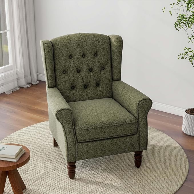 Accent Chair, Upholstered Armchair with Button Tufted High Back & Solid Wood Legs, Comfy Wingback Reading Single Sofa Chair for Small Spaces, Living Room, Bedroom (Green, Set of 1)-CasaMuseHome