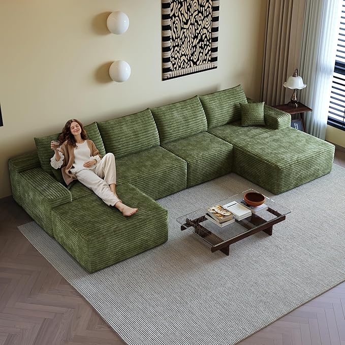 108" Sectional Couches for Living Room Modern Modular Sofa with L-Shape Couchs Upholstered Boneless Couch Deep Seat Sectional Couch with Chaise (Green, Right Facing Chaise+3Seaters+Ottoman)-CasaMuseHome