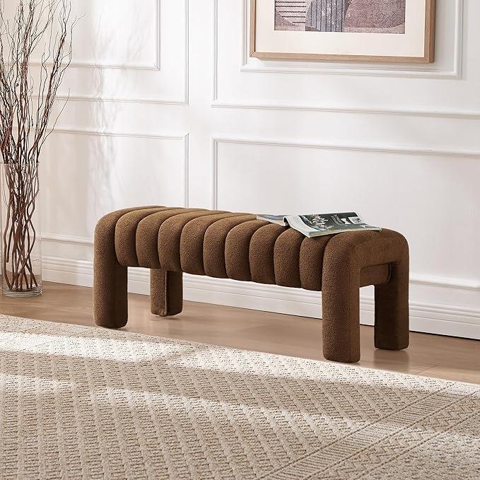 43.3" Bedroom Bench, Upholstered Entryway Bench, Modern End of Bed Ottoman with Solid Wood Legs and Adjustable Foot Pegs for Entryway, Dining Room and Living Room (Brown Boucle)-CasaMuseHome