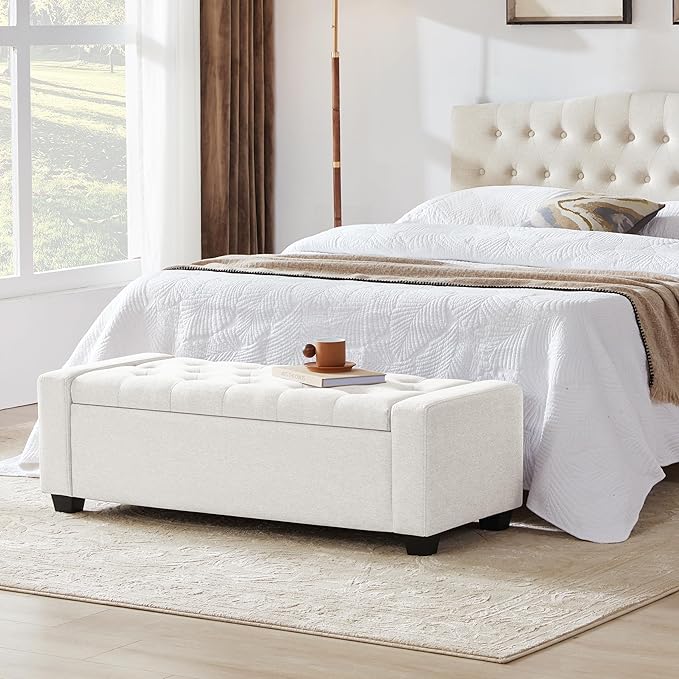 48" Ottoman with Storage, White Storage Ottoman Bench with Safety Hinge, Upholstered Entryway Bench with Seating for Bedroom, Living Room, Holds up to 330 lb-CasaMuseHome