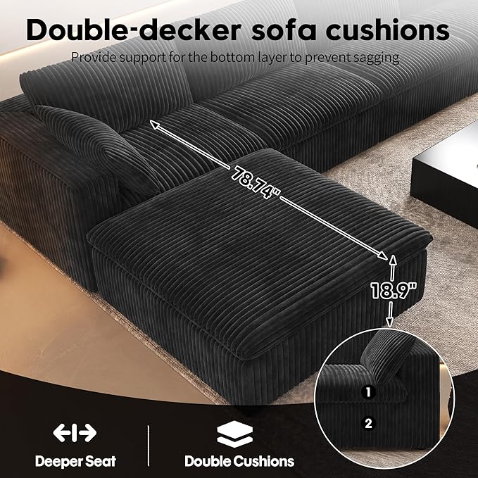 118" 6-Seater Cloud Sofa,Modular Sectional Couch with Ottoman,Modern Deep Seat Upholstered Couches with Corduroy Fabric for Living Room Furniture,Bedroom and Apartment,No Assembly Required,Black-CasaMuseHome