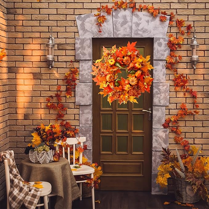 24 Inch Fall Wreaths for Front Door, Fall Decorations for Home,Fall Wreath,Autumn Wreath with Pumpkins Berries Maple Leaves for Thanksgiving Halloween Decorations Indoor Outdoor Outside Fall Decor-CasaMuseHome
