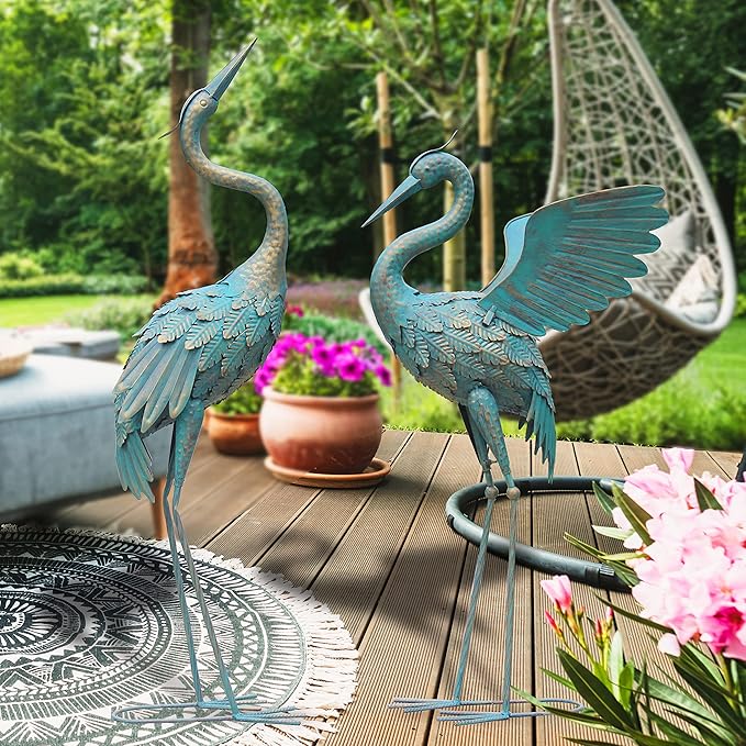 33-37 Inch Metal Crane Garden Statue Décor, Bird Garden Sculpture & Statues, Outdoor Decoration for Yard Patio Lawn Backyard Pool, Vintage Spread Wings Crane, Set of 2-CasaMuseHome