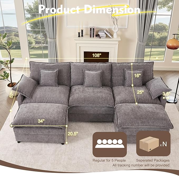 108" U Shaped Couch, Modular Sectional Sofa, 3-Seater Comfy Cloud Couch with Movable Ottoman, Deep Seat Couches for Living Room, Chenille, Slate-CasaMuseHome