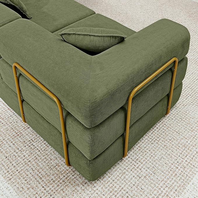 108" Oversized Convertible Sleeper Sofa Bed, Corduroy L Shape Sectional Couch, Folding Sofa Bed with Side Pocket, Modern Cloud Floor Mattress Couch, Modular Sofa for Living Room, Green-CasaMuseHome