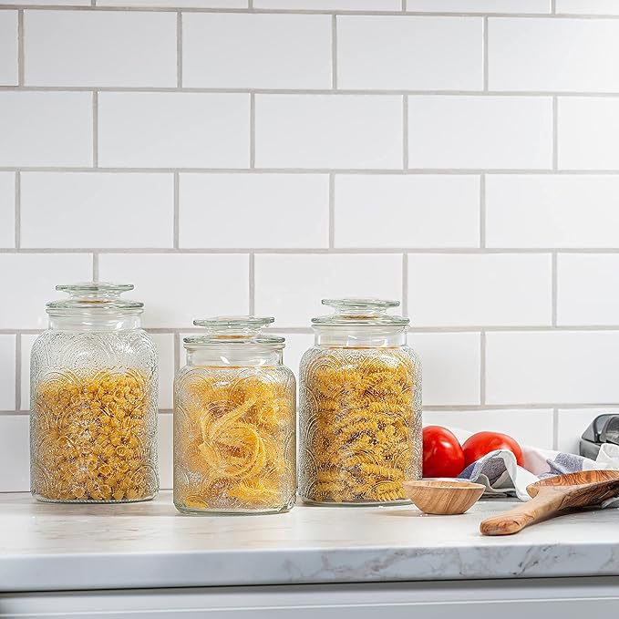 Le'raze Food Storage Containers with Airtight Lids - Retro Design - Pantry Organization, Glass Canisters Storage for Cookies, Tea, Sugar, Candy Jars, Sugar Packet, Set of 3-CasaMuseHome
