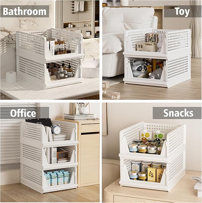 4 Pack Stackable Plastic Storage Basket Closet Organizer Bin Foldable Clothes Organizer Storage Drawer Shelf Container for Living Room Bathroom Kitchen Office (4S)-CasaMuseHome