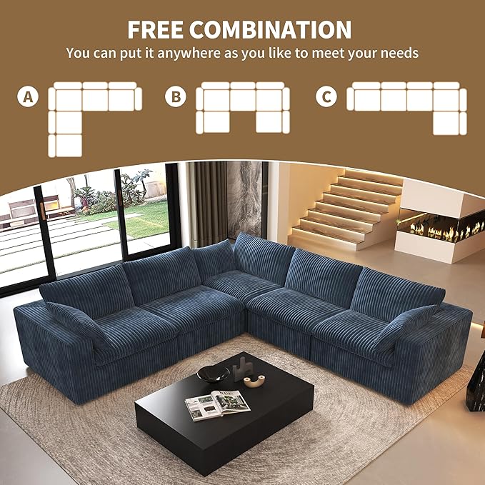 118" V Shaped Corner Modern Sofa Modular Sectional Cloud Couch,Deep Seat Upholstered Couches with Plush Corduroy Fabric for Living Room Furniture,Bedroom and Apartment,No Assembly Required,Blue-CasaMuseHome